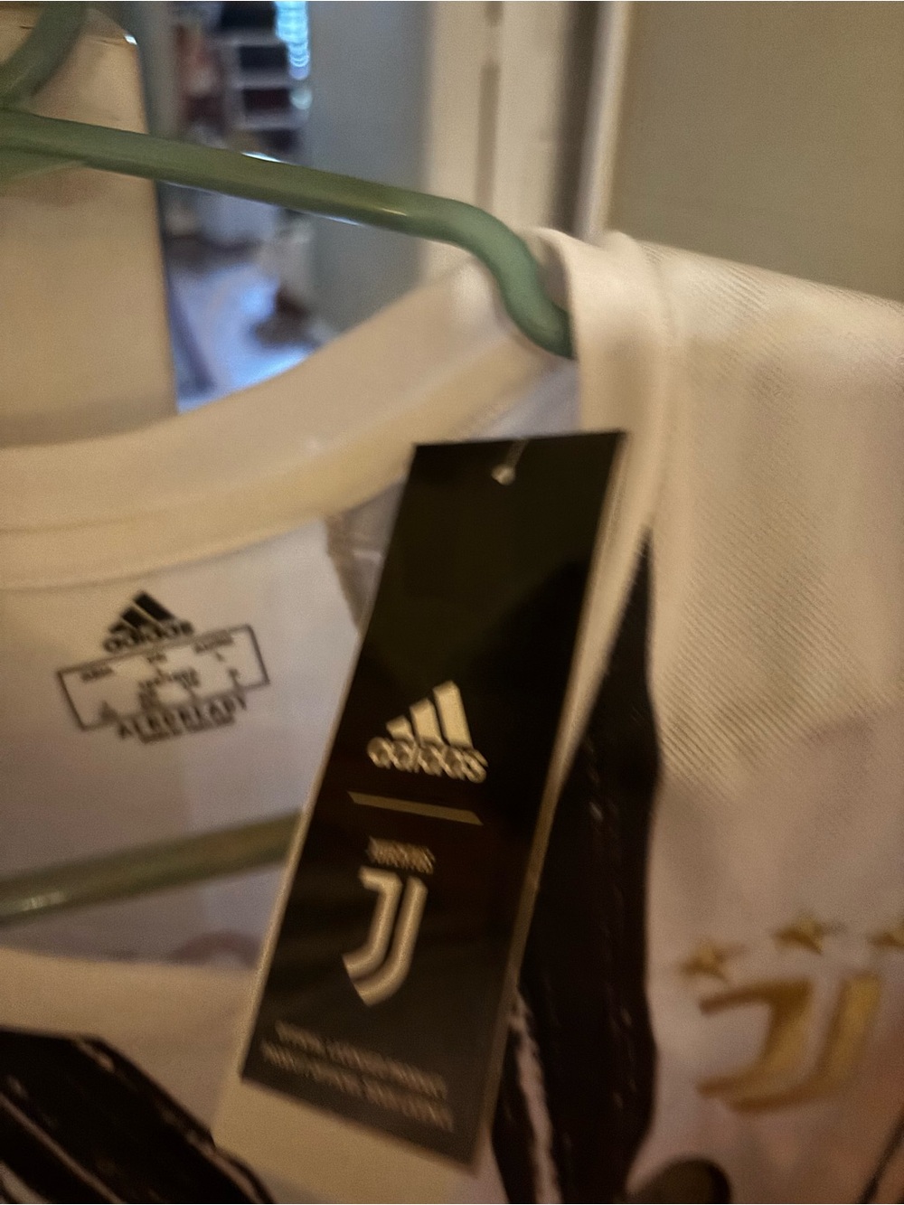 adidas White and Black Juventus Soccer Jersey with Gold Crest